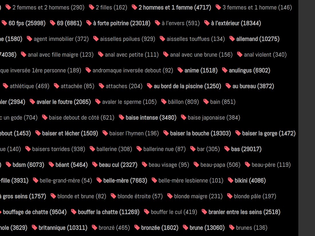 Tags en français et leur compteur de vidéos.